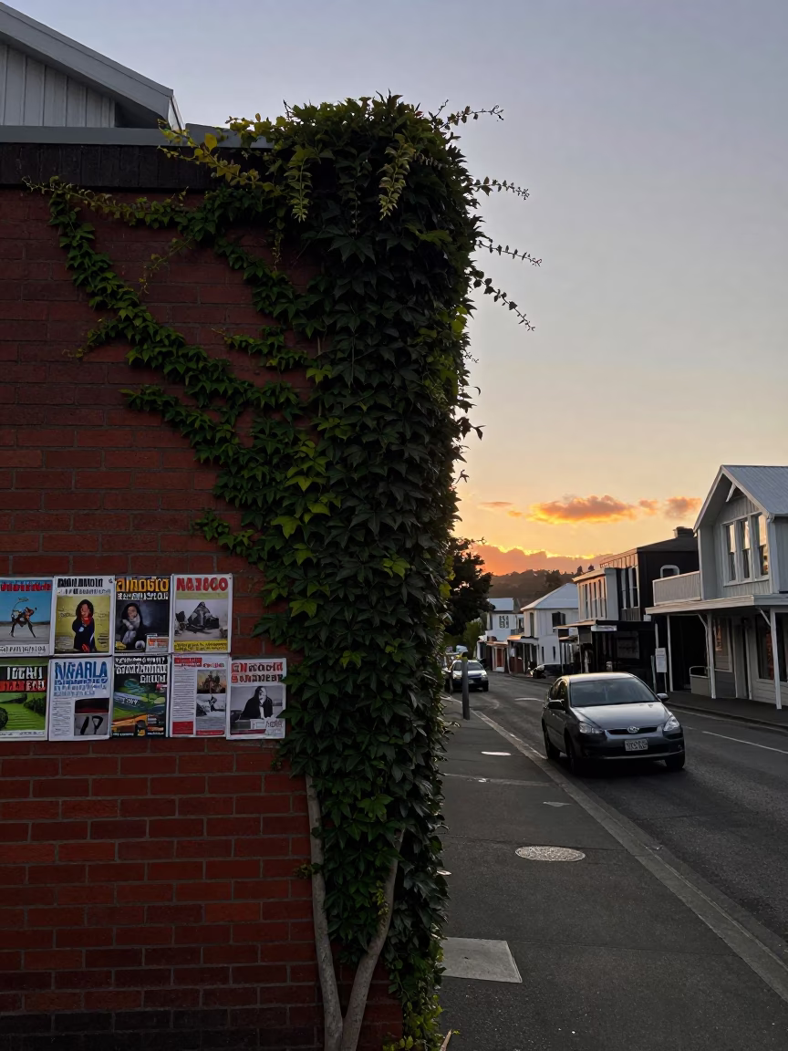 Dusk in Wellington New Zealand with Ivy Climbing Brick Wall and Magazines in in Wellington, New Zealand