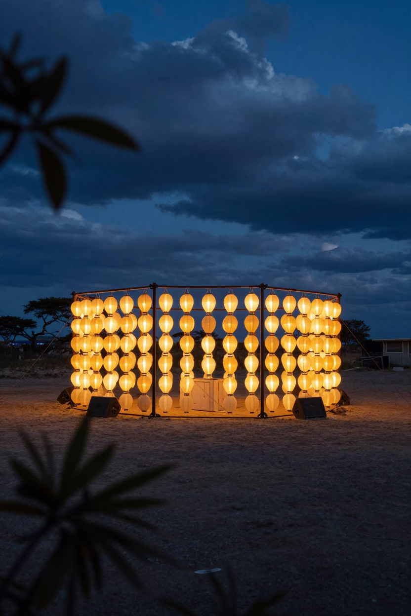 Dusk Lantern Shrine with Burning Man Art in Nelspruit in in a shrine lined with lanterns in Nelspruit