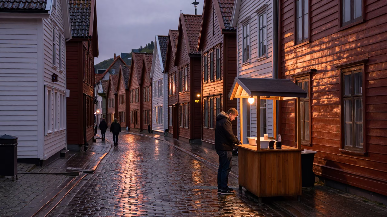 Dusk Light in Bergen at Copper-toned Light Before Dusk in in Bergen, Norway