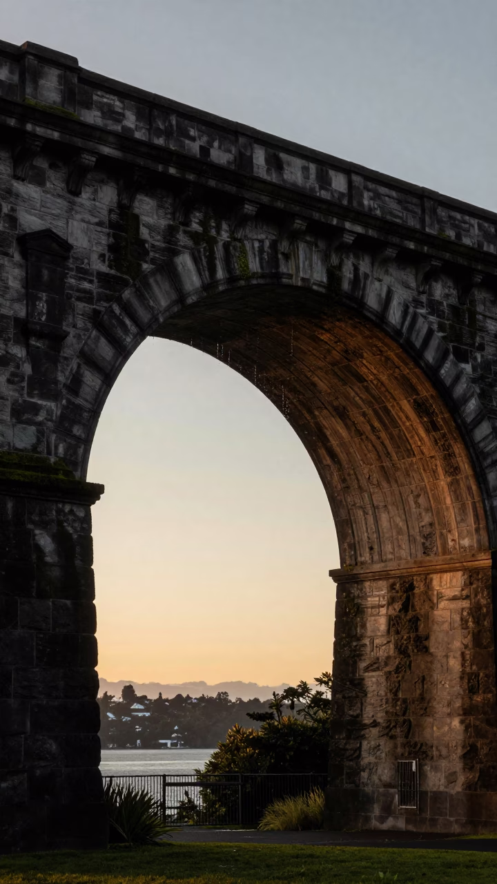 Dusk Light on Auckland Viaduct Arch Undercroft Dripping Onto Ferny Stone Near Harbor in in Auckland, New Zealand