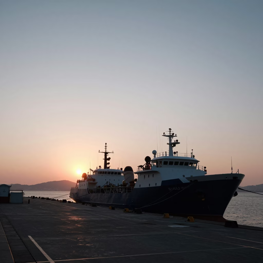 Dusk Light on Busan Harbor Research Vessel and Coastal Fencing in South Korea in in Busan, South Korea