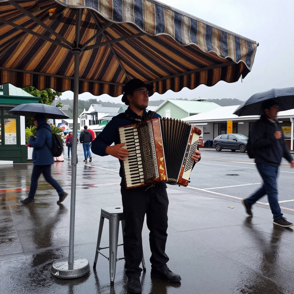 Dusk Light on Busker in in Wellington, New Zealand