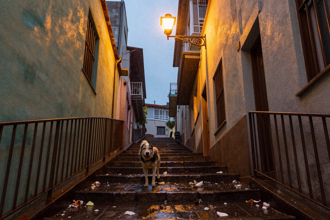 Dusk Light on Debris in Valparaiso in in Valparaiso, Chile