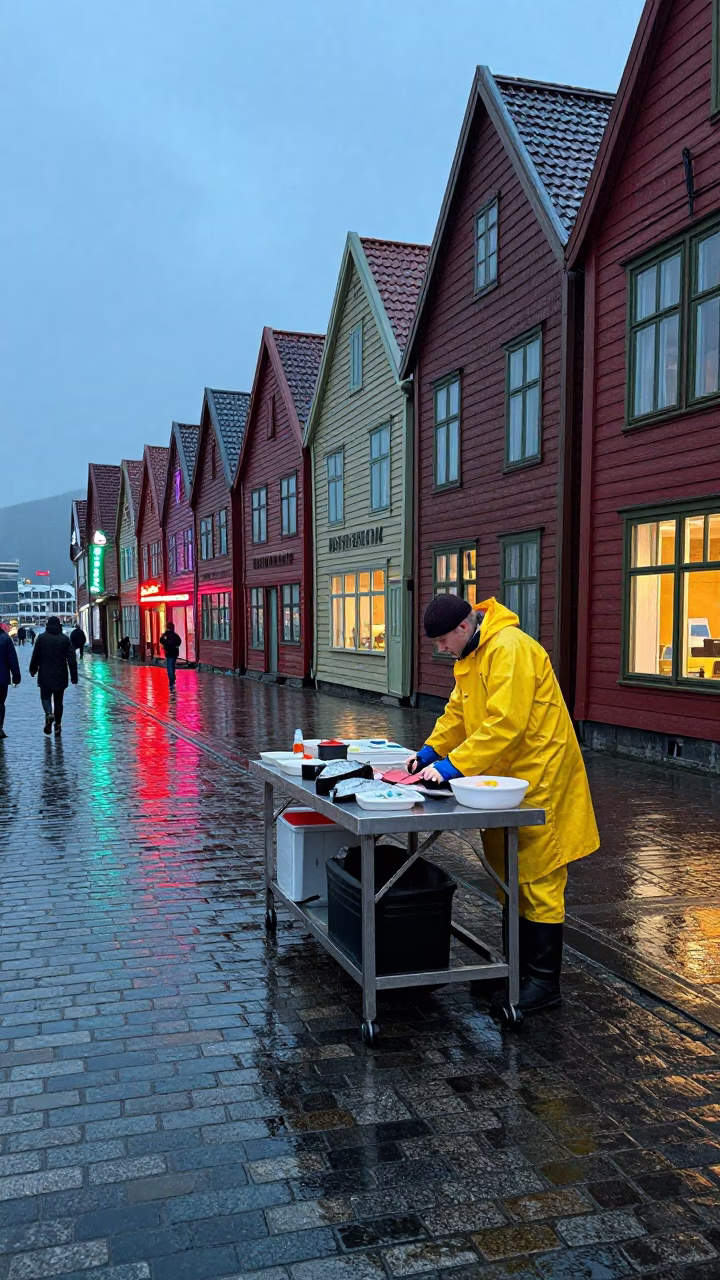 Dusk Light on Fishmonger in Bergen in in Bergen, Norway