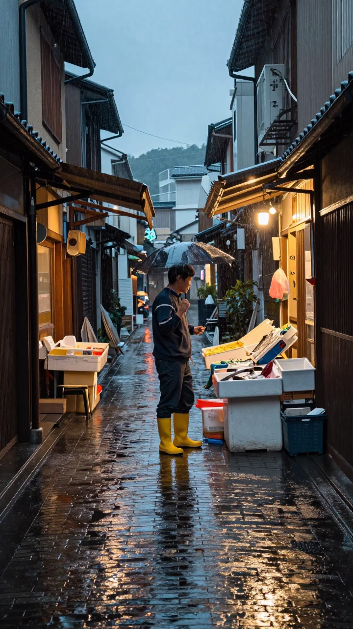 Dusk Light on Fishmonger in in Fukuoka, Japan