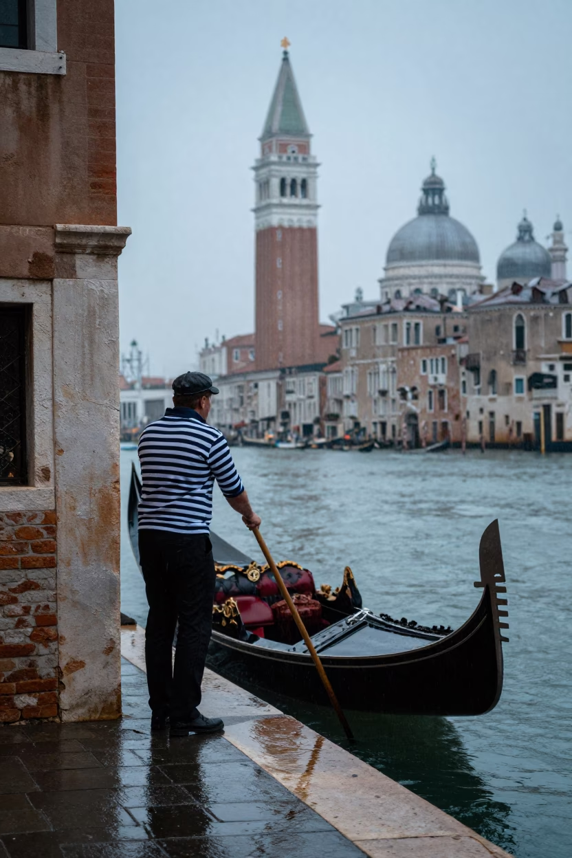 Dusk Light on Gondolier in Venice in in Venice, Italy