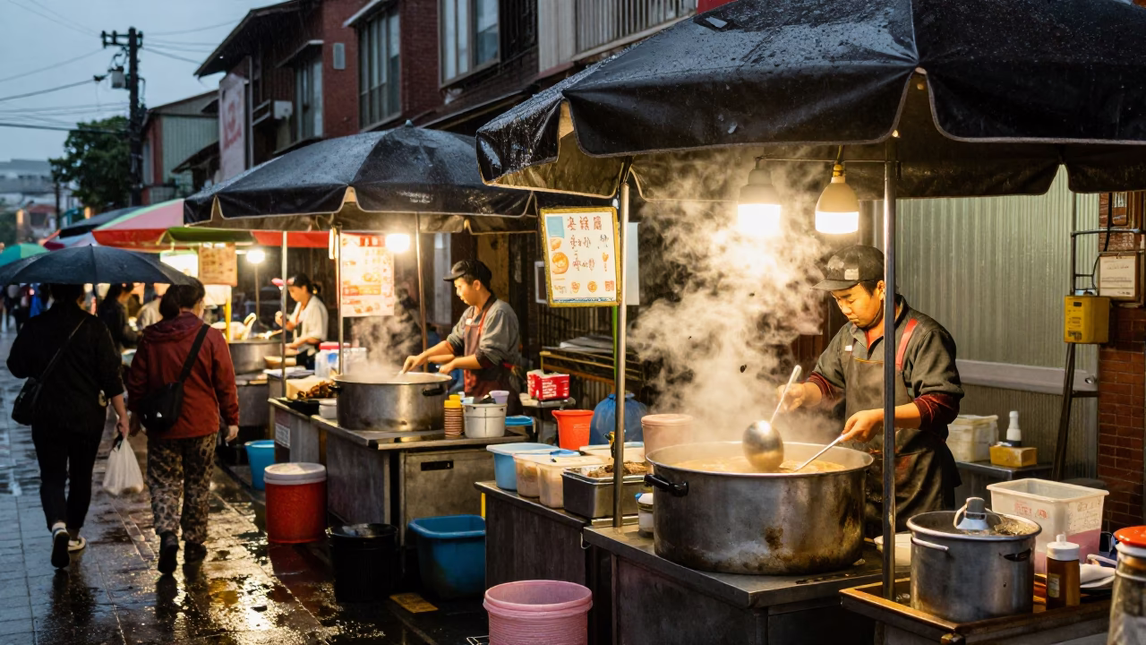 Dusk Light on Hot Food in Tainan in in Tainan, Taiwan