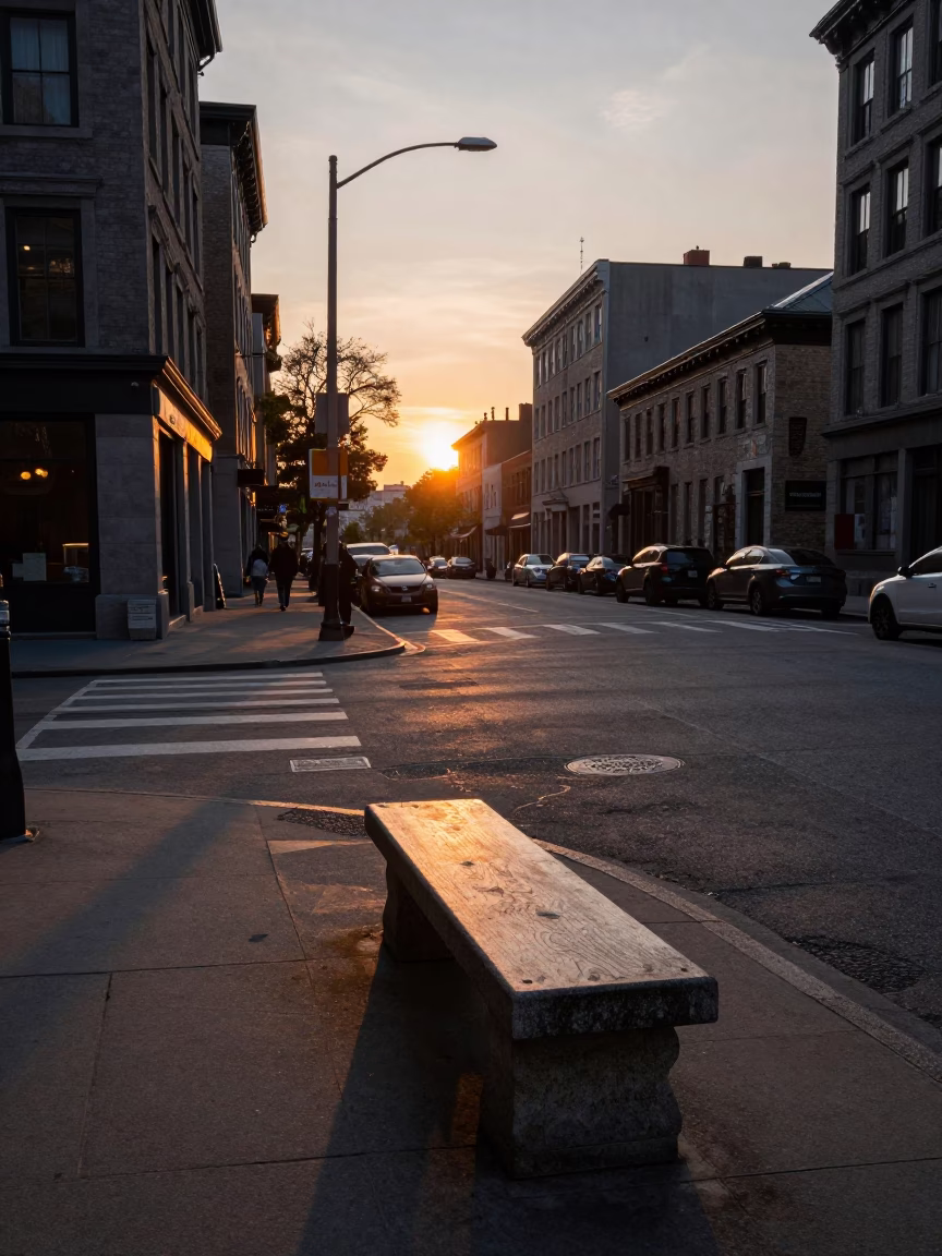 Dusk Light on Montreal Street Corner with Stone Bench and Urban Construction in in Montreal, Quebec, Canada