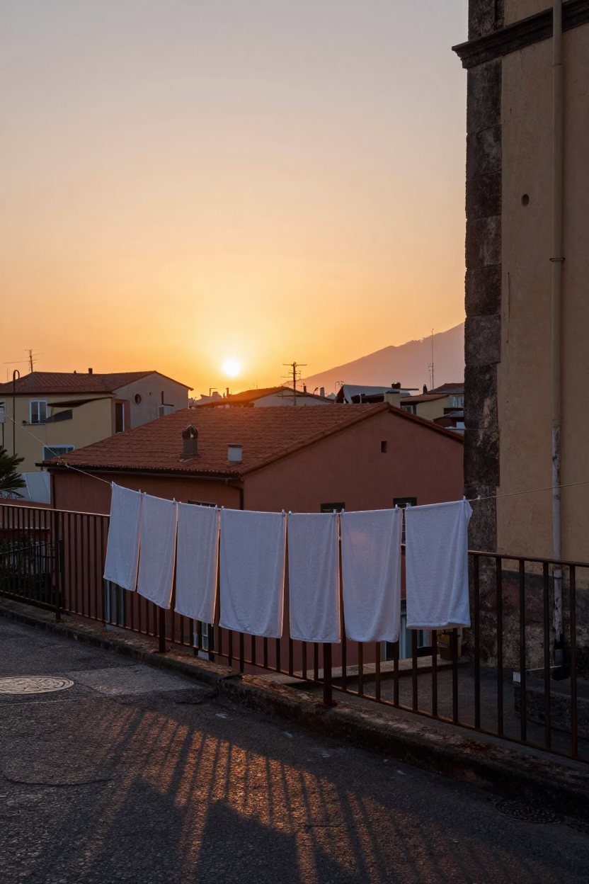 Dusk Light on Naples Street Corner with Drying Towels and Local Life in in Naples, Italy