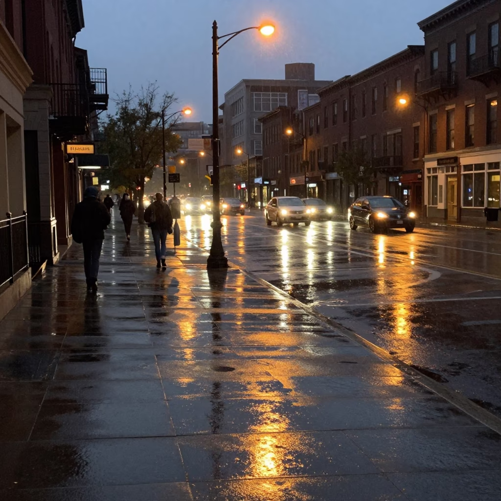Dusk Light on Rain Reflections in Boston in in Boston, Massachusetts, United States