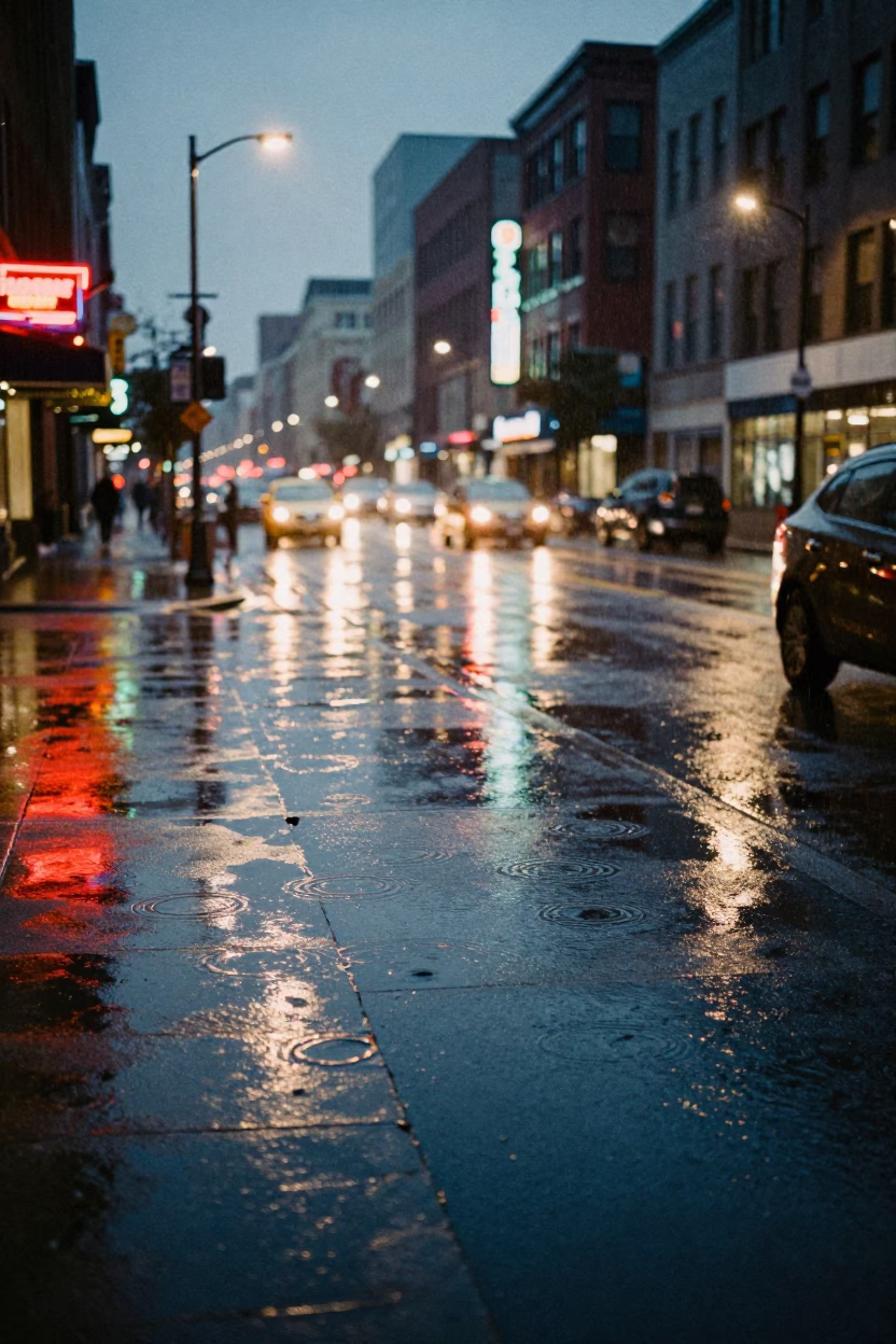 Dusk Light on Rain Reflections in Chicago in in Chicago, Illinois, United States