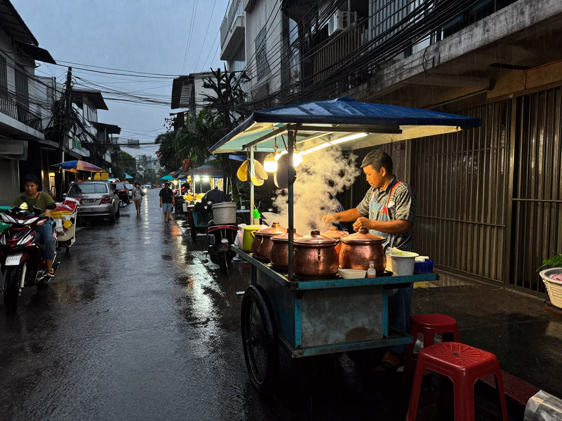 Dusk Light on Street Stall in Bangkok in in Bangkok, Thailand