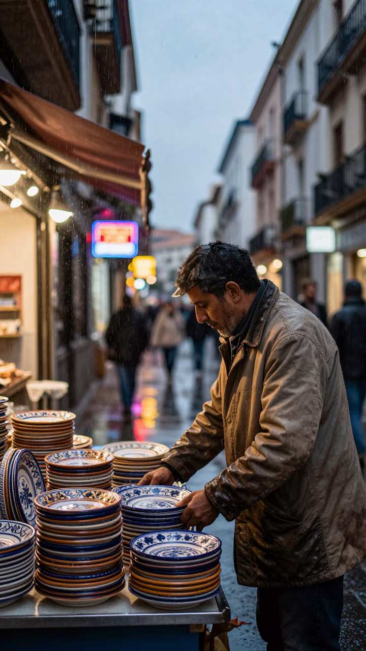Dusk Light on Street Vendor in Valencia in in Valencia, Spain