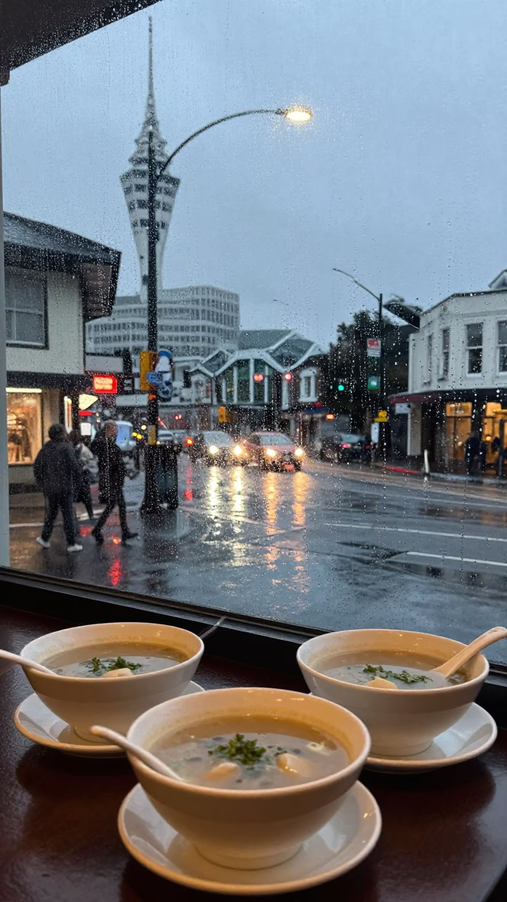 Dusk Light Rain Auckland Cafe Window Reflection Soup Bowls in in Auckland, New Zealand
