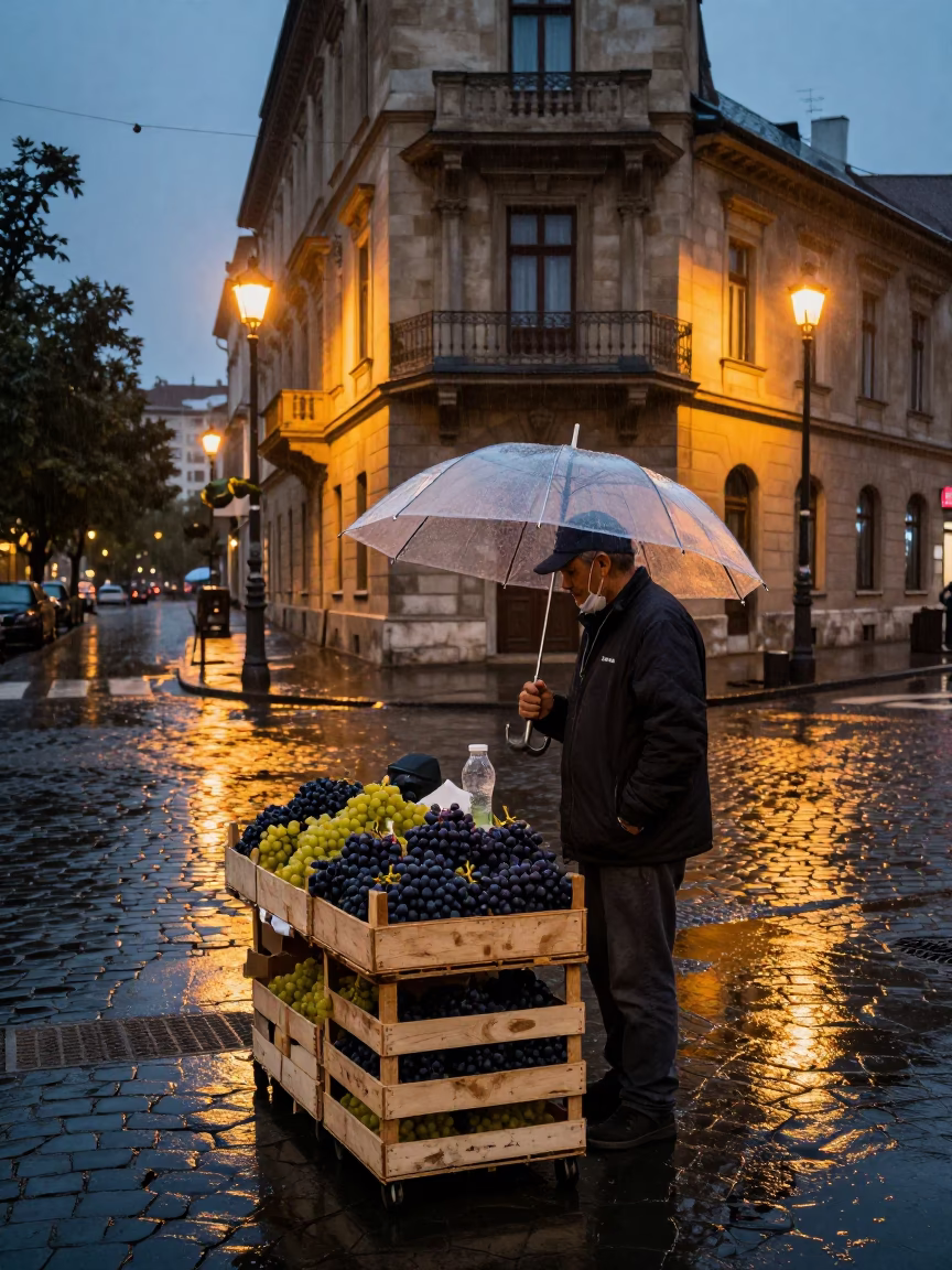 Dusk Light Rain Budapest Street Corner Vendor with Grapes and Glass Jar in in Budapest, Hungary