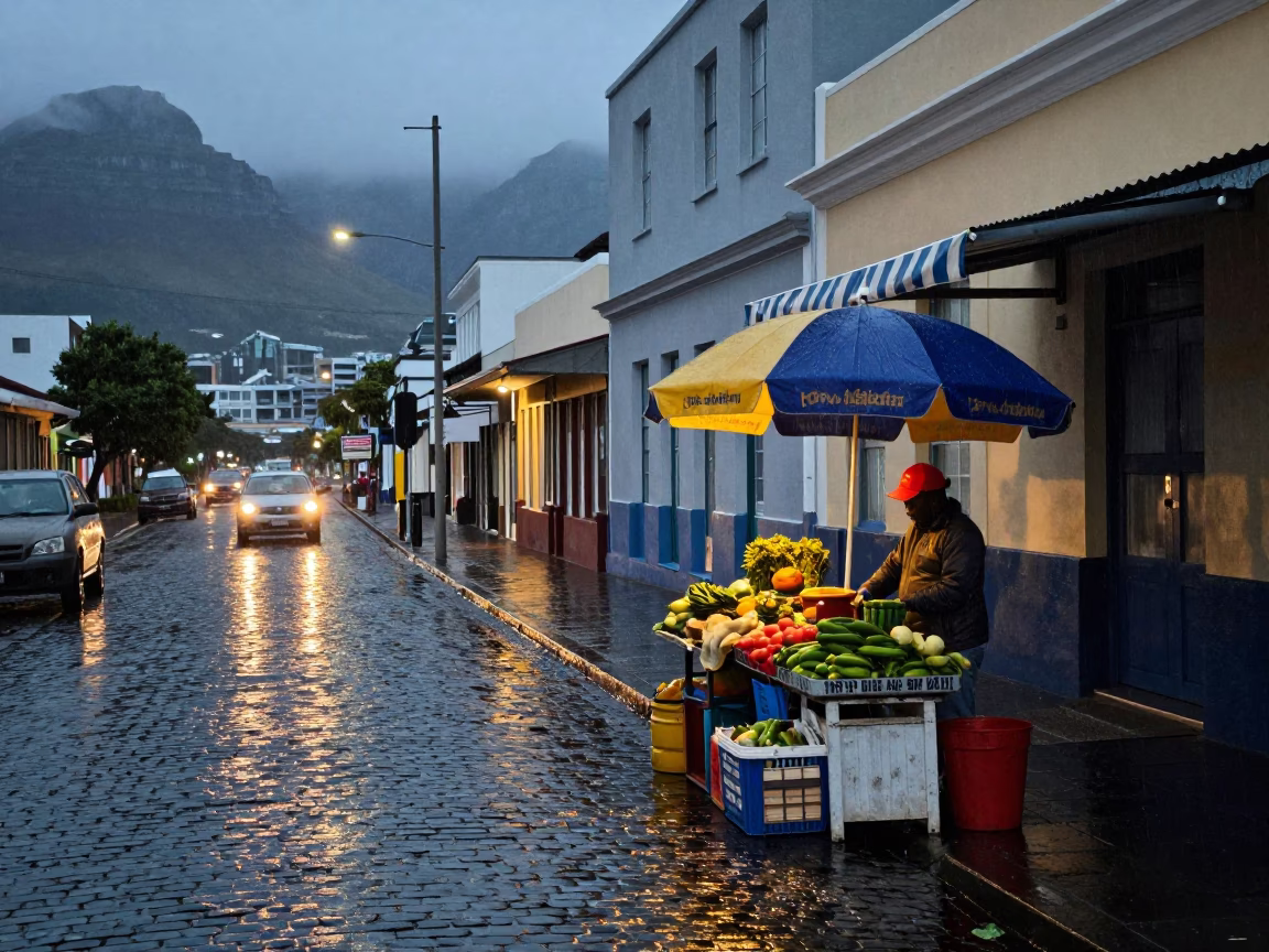 Dusk Light Rain Cape Town Street Scene with Local Vendor and Umbrella in in Cape Town, South Africa