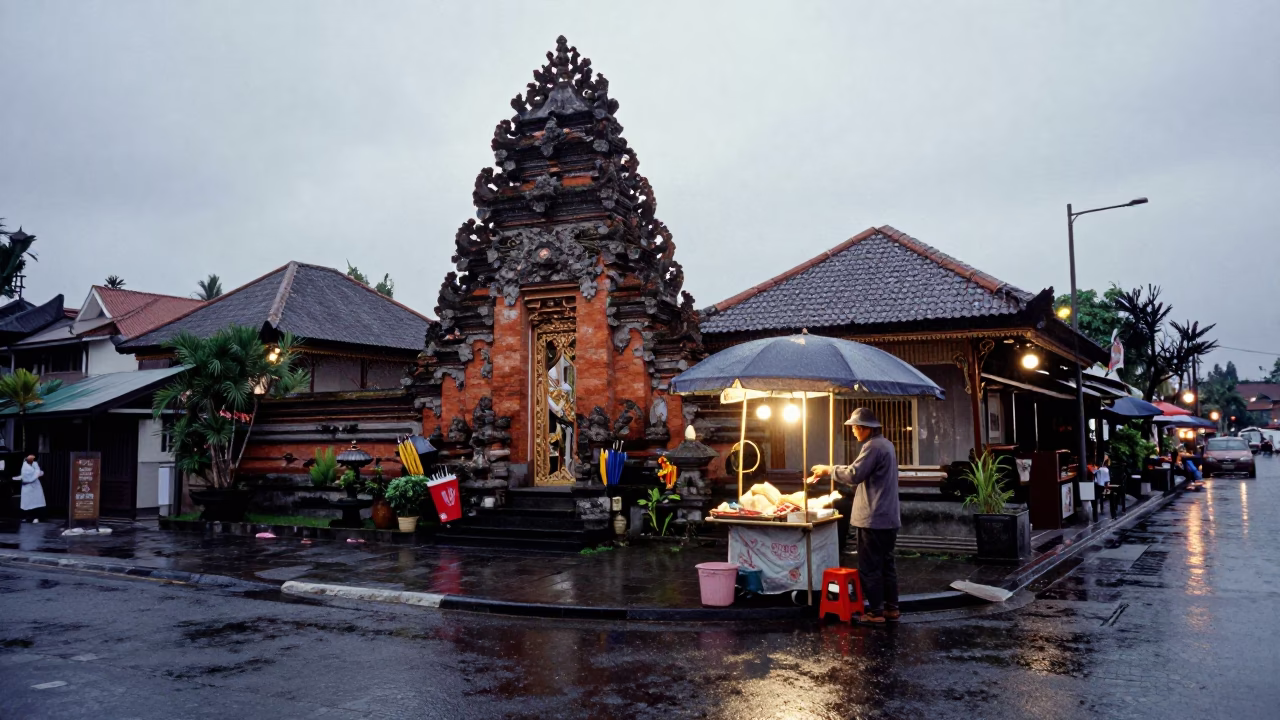 Dusk Light Rain in Denpasar Street Corner with Folded Umbrellas in in Denpasar, Indonesia