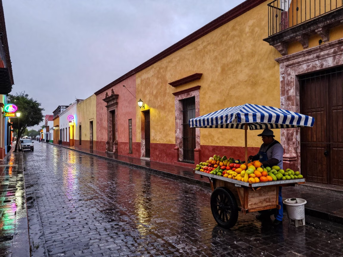 Dusk light rain in Merida Mexico street scene with colorful architecture in in Merida, Mexico