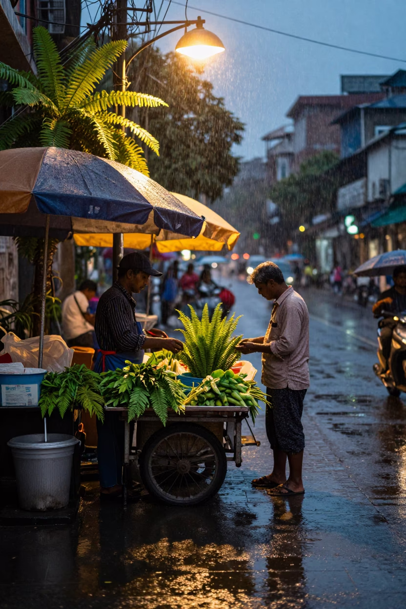 Dusk Light Rain Kolkata Street Vendor with Ferns and Umbrellas in in Kolkata, India