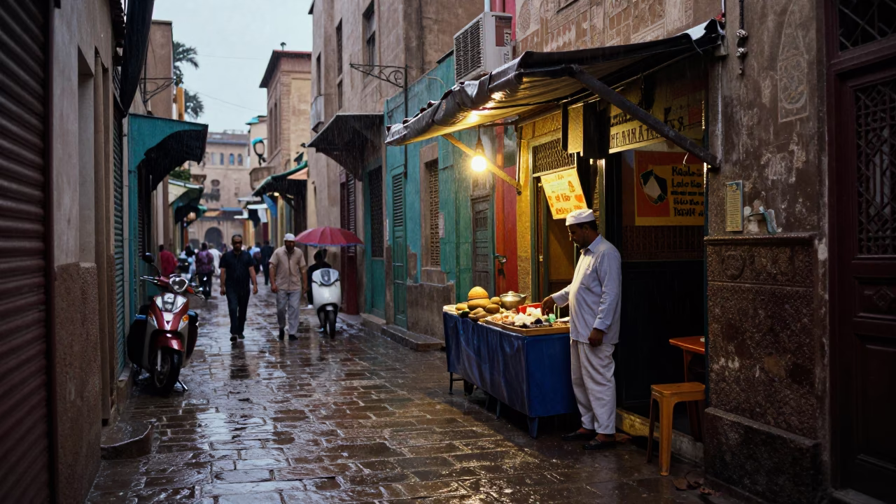 Dusk Light Rain Luxor Street Scene with Local Vendor and Colorful Wares in in Luxor, Egypt