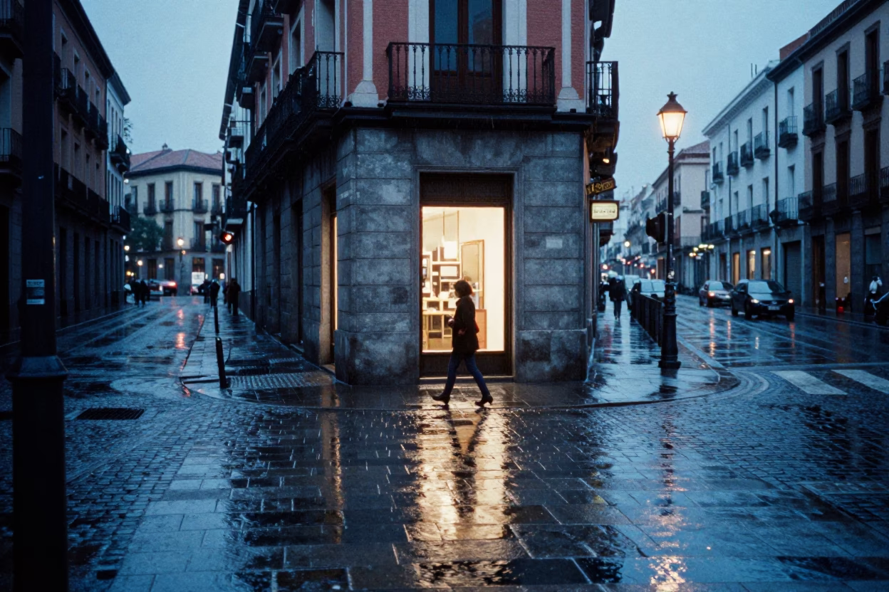 Dusk light rain Madrid street corner with wet pavement reflections in in Madrid, Spain