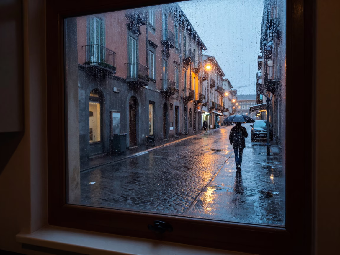 Dusk Light Rain Naples Kitchen Window Condensation and Street View in in Naples, Italy