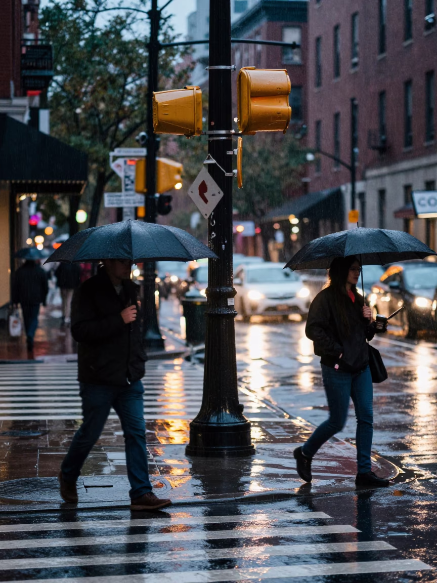 Dusk Light Rain on Boston Street Corner with Umbrella and Coffee Mugs in in Boston, Massachusetts, United States