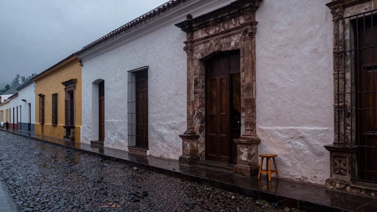 Dusk Light Rain on Colonial Quito Street with Wooden Stool and Tree in in Quito, Ecuador