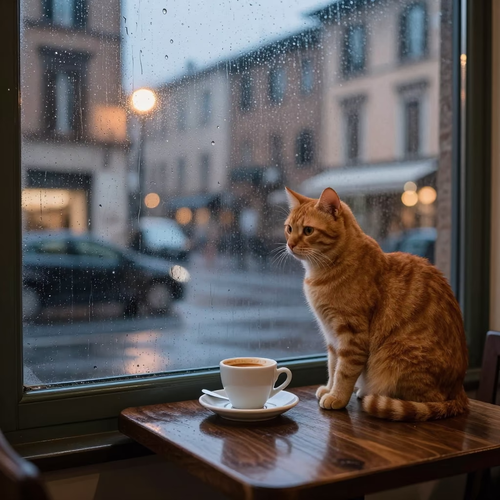 Dusk Light Rain on Fogged Window Espresso Cup Ginger Cat Rome Italy in in Rome, Italy
