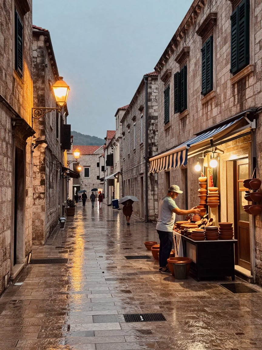 Dusk light rain on old stone streets of Dubrovnik Croatia in in Dubrovnik, Croatia