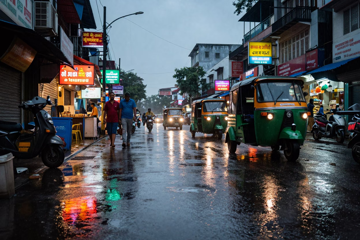 Dusk Light Rain Reflections on Hyderabad Street Market Pavement in in Hyderabad, India