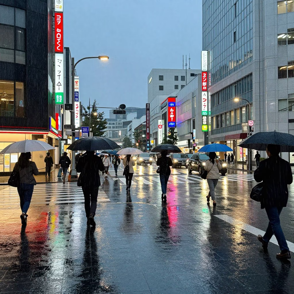 Dusk Light Rain Sapporo Street Scene with Umbrellas and Neon Reflections in in Sapporo, Japan