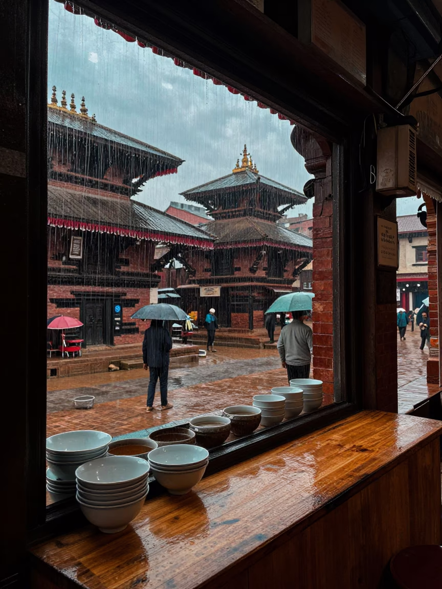 Dusk Light Rain Scene in Kathmandu Nepal with Local Street Details in in Kathmandu, Nepal