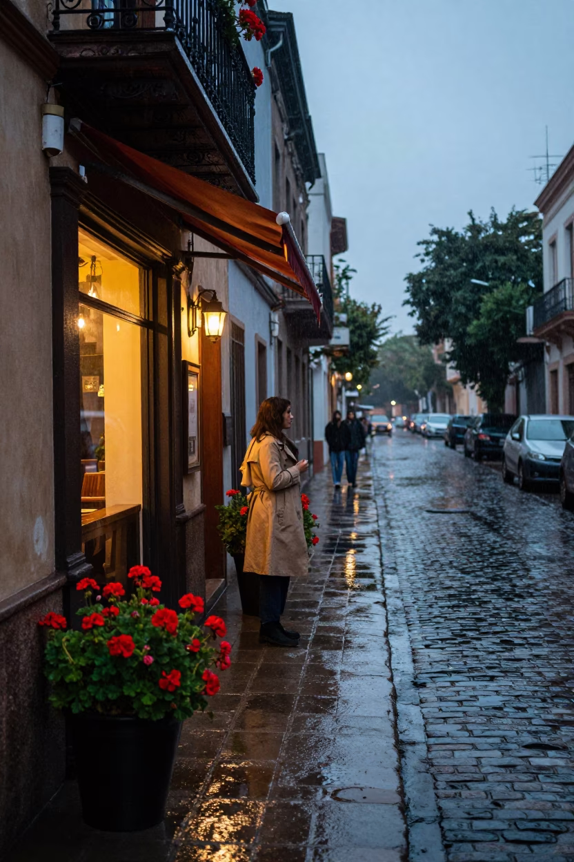 Dusk Light Rain Street Scene Buenos Aires Argentina with Geraniums in in Buenos Aires, Argentina