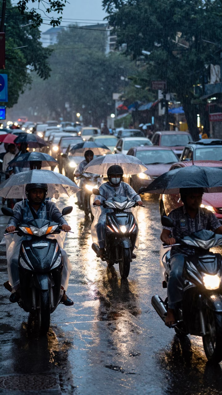 Dusk Light Rain Street Scene Delhi India with Umbrellas and Traffic in in Delhi, India