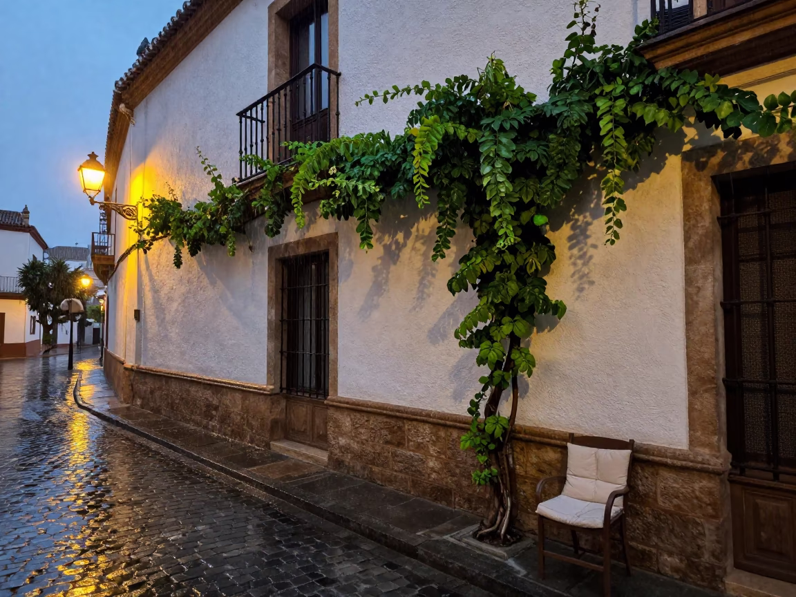 Dusk light rain street scene Seville Spain with vine and chair cushion in in Seville, Spain