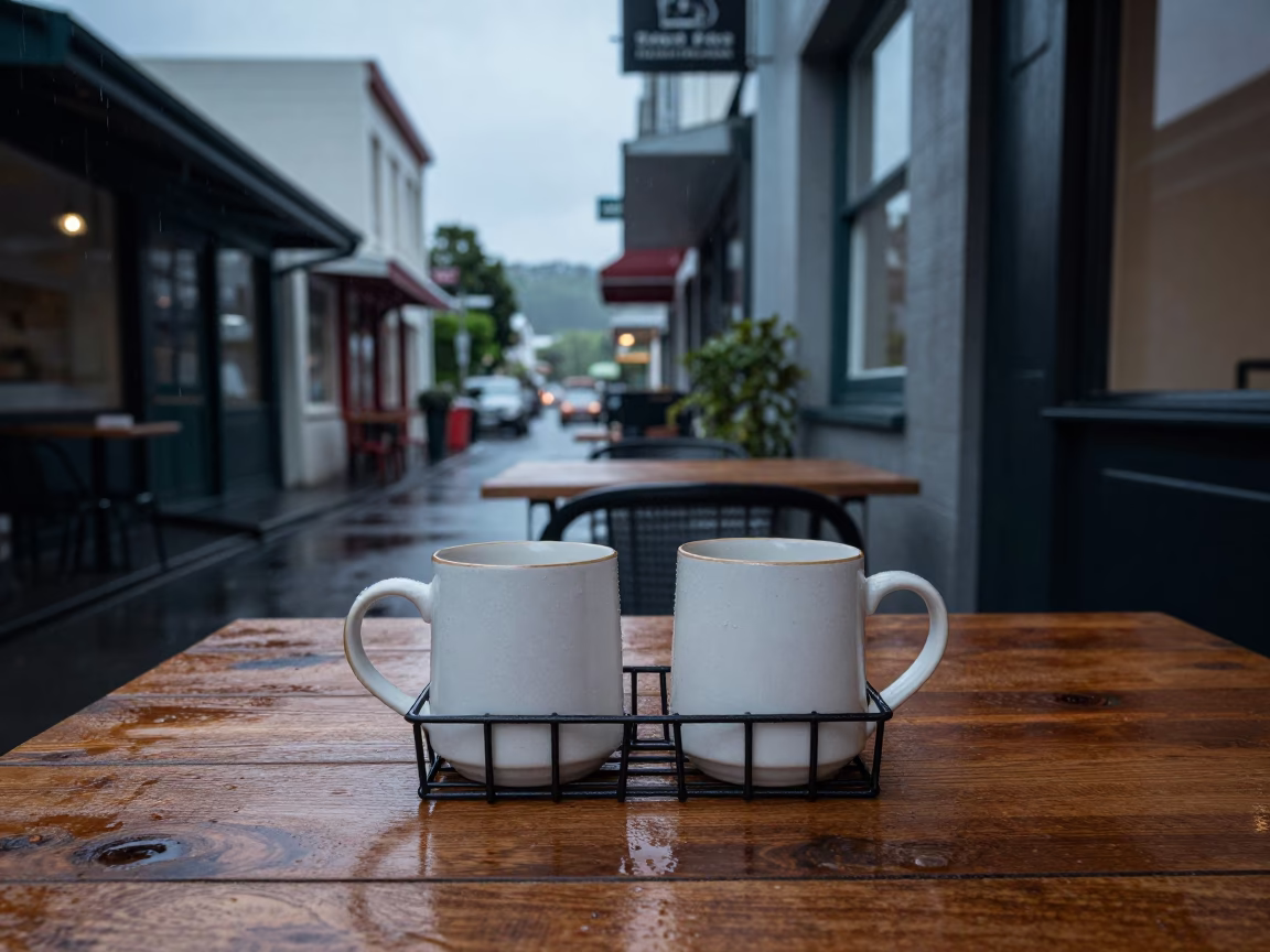 Dusk Light Rain Wellington Street Cafe Ceramic Mugs Peg Basket in in Wellington, New Zealand