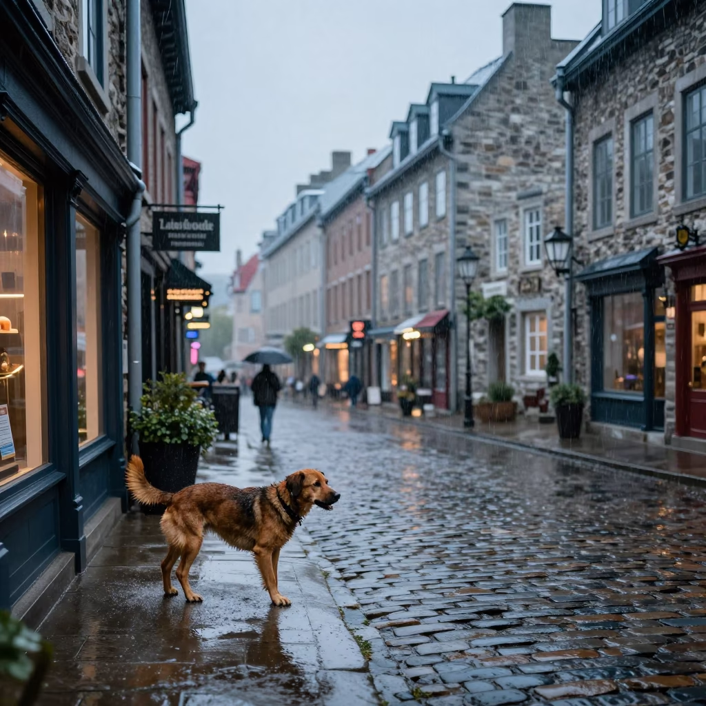 Dusk Light Rain Wet Cobblestones Quebec City Old Town Street Scene in in Quebec City, Quebec, Canada