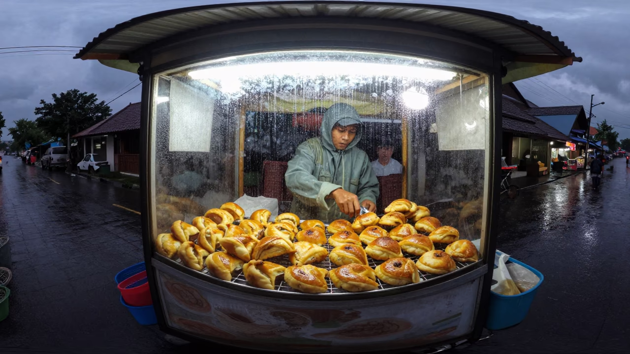 Dusk Light Rain Yogyakarta Street Vendor Pastry Basket in in Yogyakarta, Indonesia