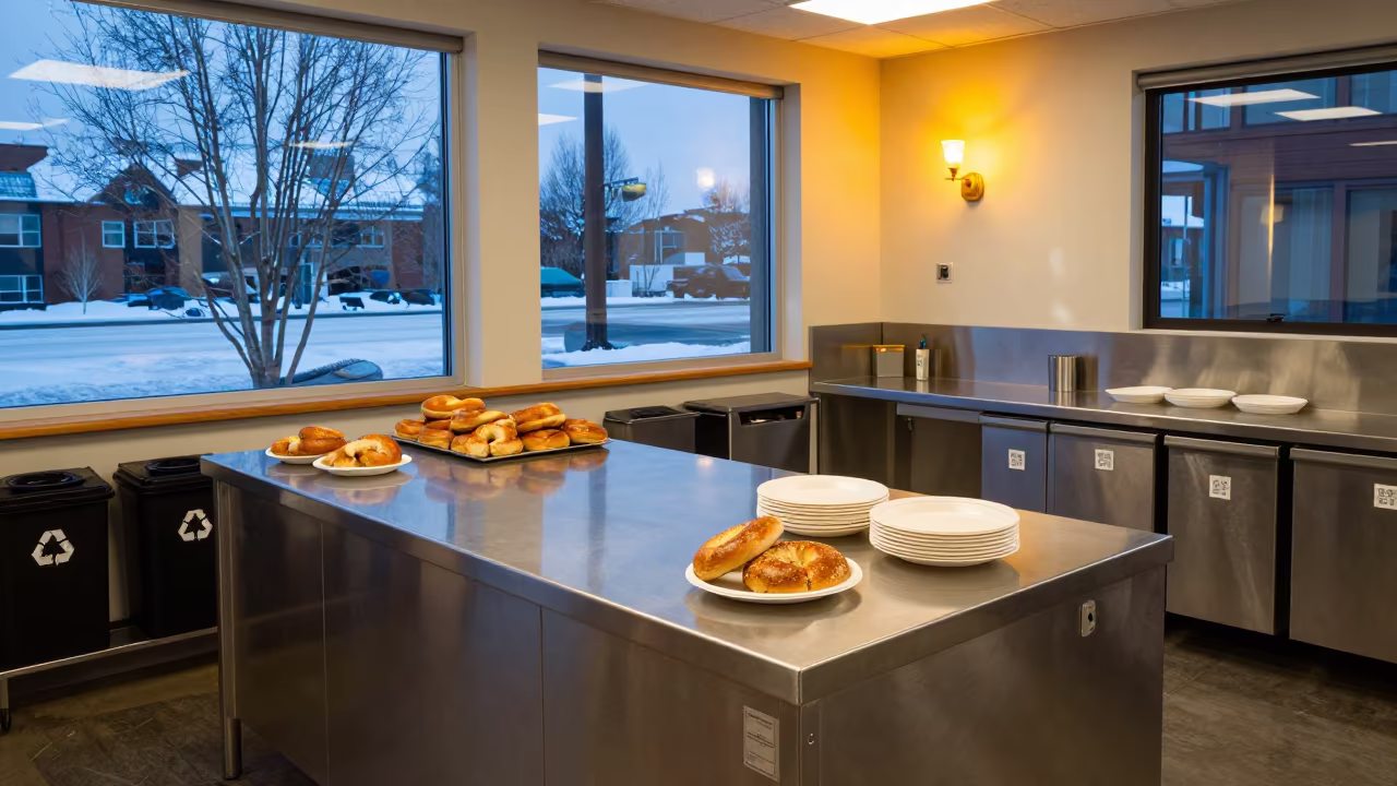 Dusk office kitchen island with bagels and recycling in inside a coworking floor in Anchorage
