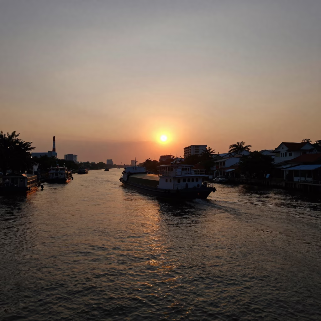 Dusk on Saigon Waterways Cargo Barge Under Railroad Bridge in in Ho Chi Minh City, Vietnam