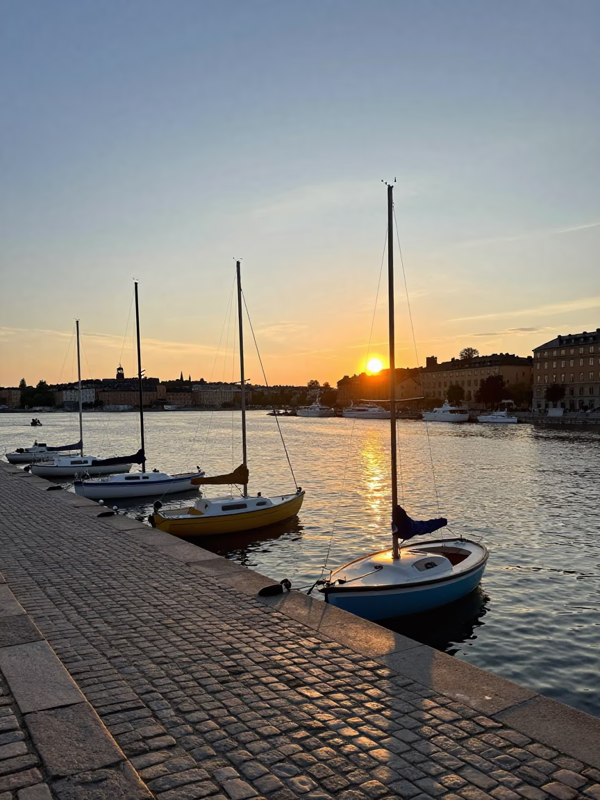 Dusk on Stockholm's Waterfront with Colorful Boats and Historic Architecture in in Stockholm, Sweden