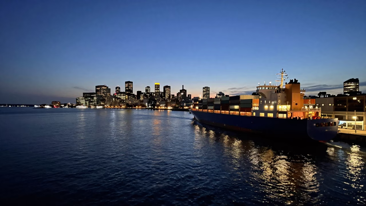 Dusk on the St Lawrence River with Pilot Boat and Container Ship in Montreal in in Montreal, Quebec, Canada