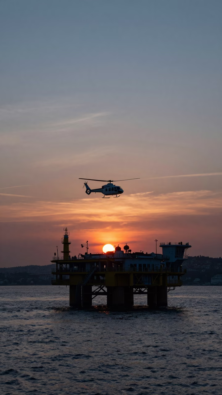 Dusk over Istanbul Bosphorus with Helicopter Approaching Offshore Platform and Ferry Silhouettes in in Istanbul, Turkey