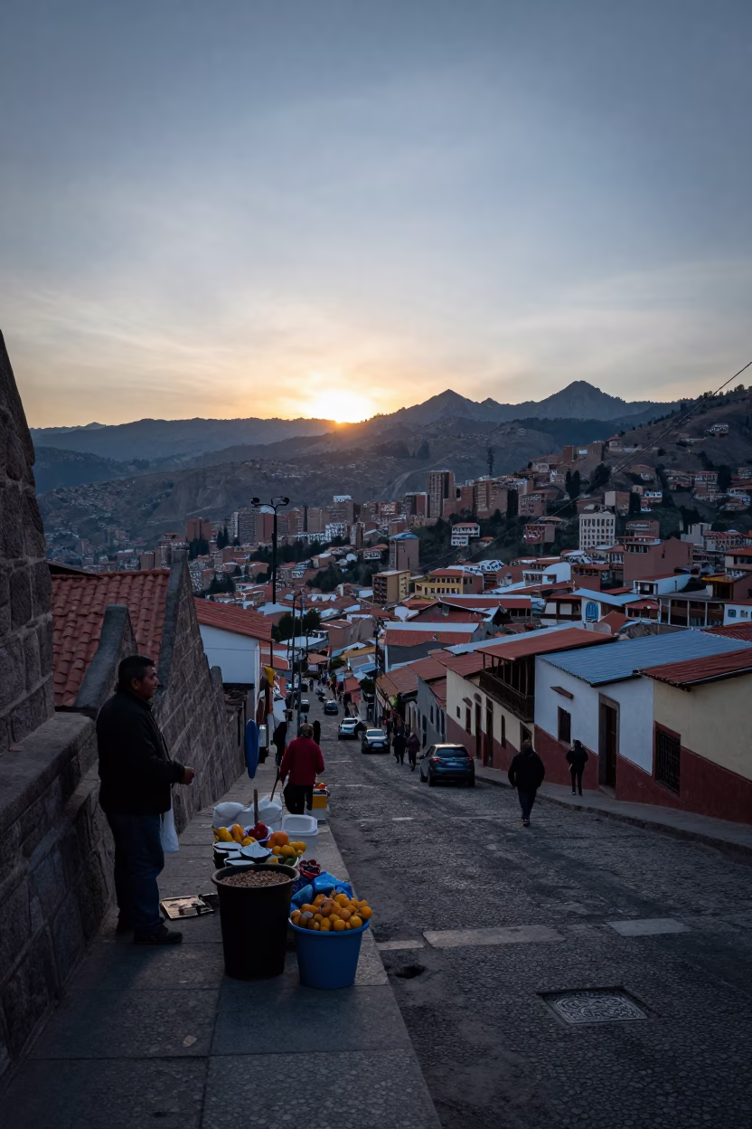 Dusk over La Paz Bolivia street scene with vendors and city lights in in La Paz, Bolivia