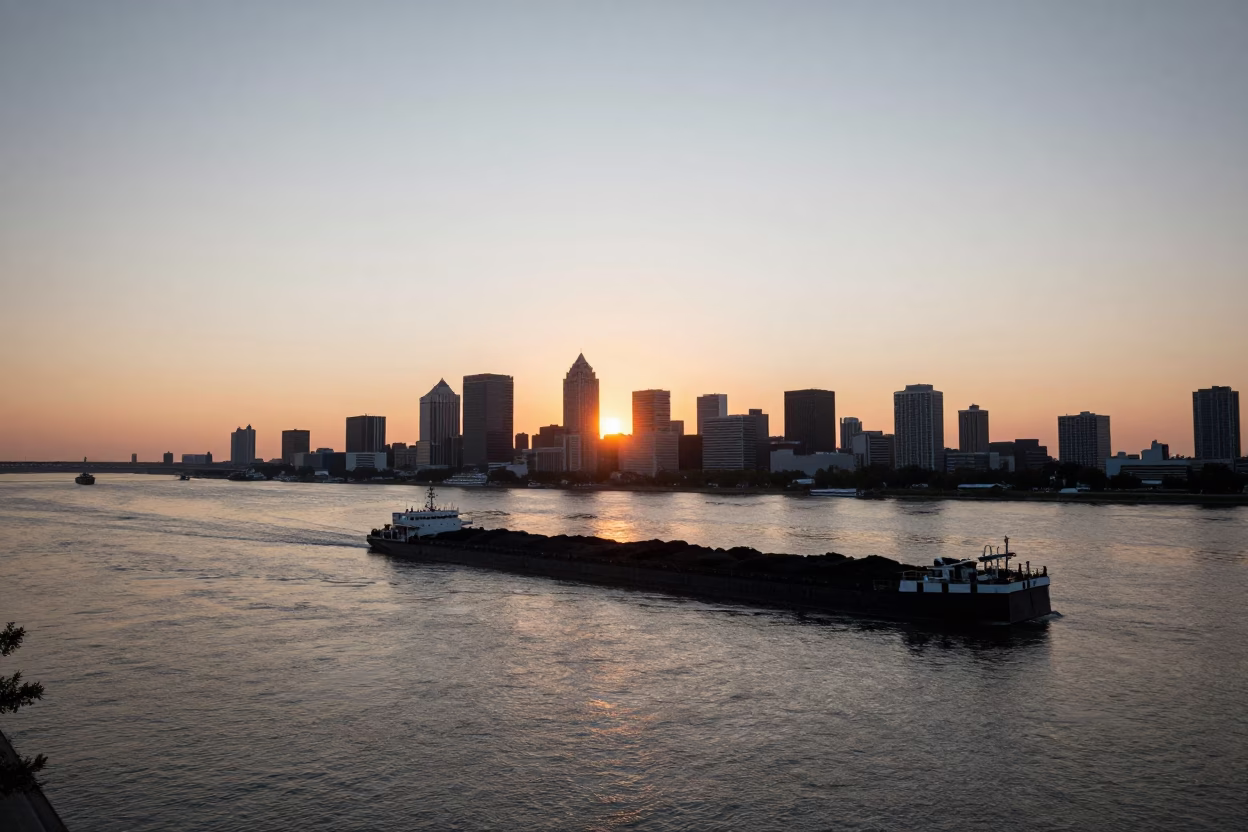Dusk over New Orleans Mississippi River with Coal Barge and Iron Balconies in in New Orleans, Louisiana, United States