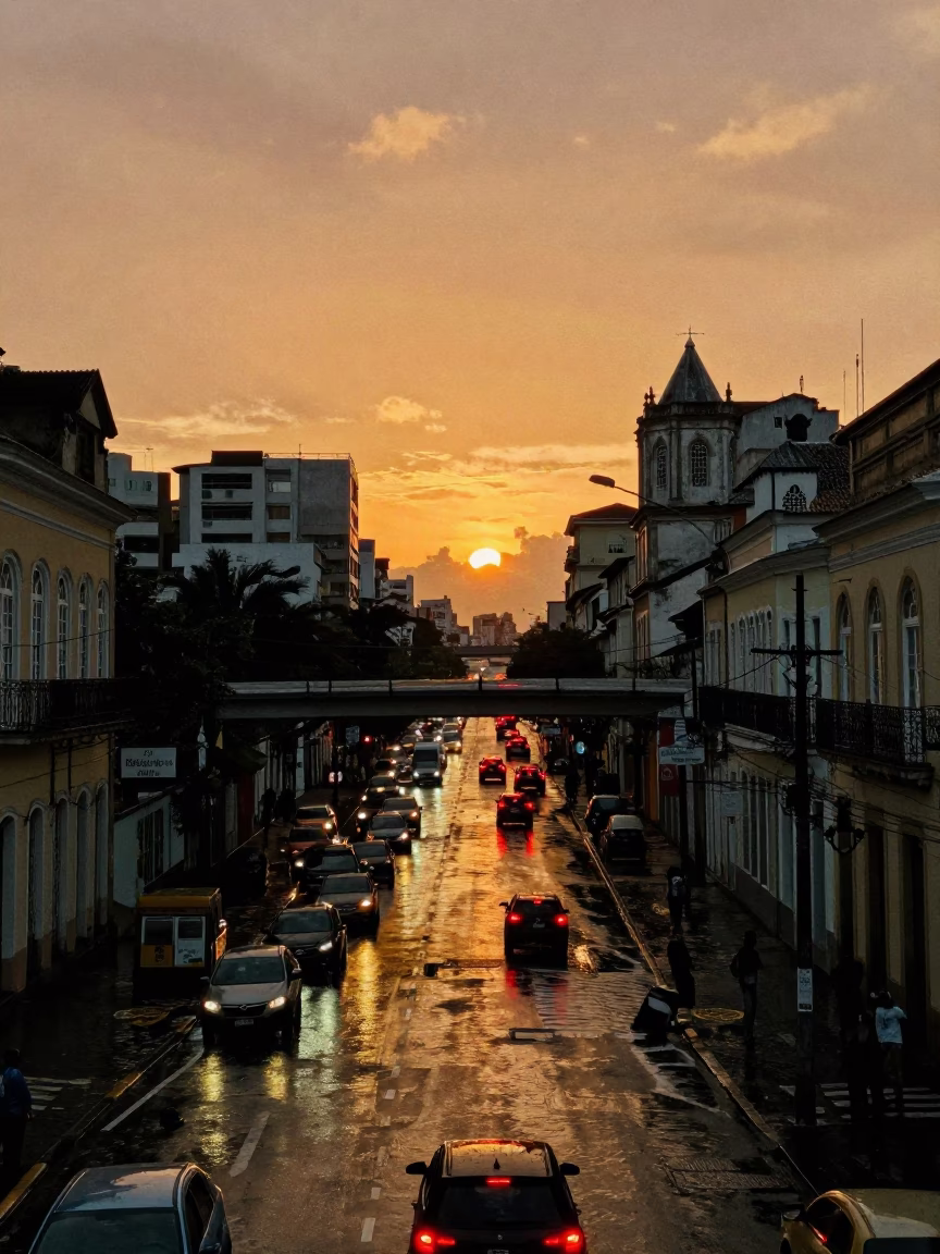 Dusk Over Salvador Brazil Street Scene with Rain Glowing Taillights and Urban Life in in Salvador, Brazil