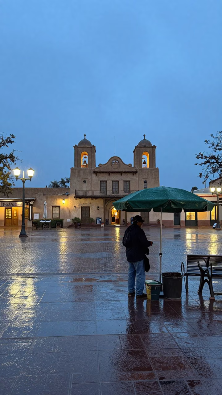 Dusk Plaza in Santa Fe at Dusk Light in in Santa Fe, New Mexico, United States