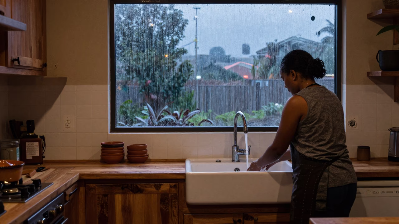Dusk Rain in Johannesburg Kitchen with Worn Wood and Stoneware in in Johannesburg, South Africa