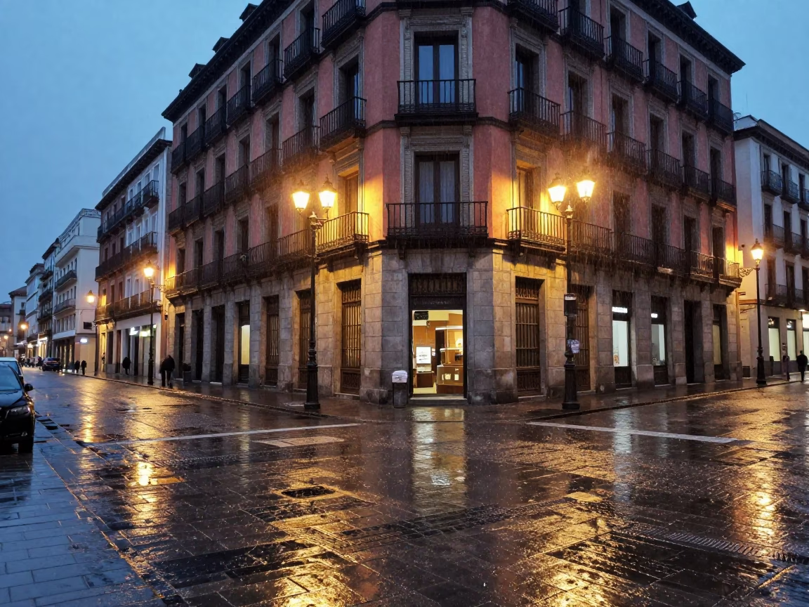 Dusk Rain in Madrid at Dusk Light in in Madrid, Spain